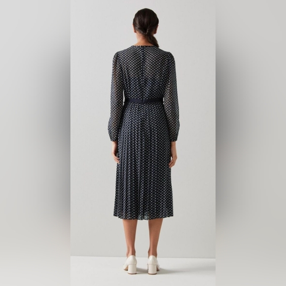 L.K. Bennett Avery Navy And Cream Mini Bow Print Pleated Midi - Picture 2 of 11